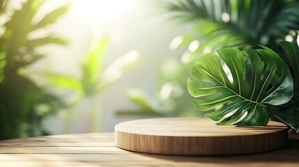 Aufkleber - Wood podium tabletop floor  blurred green leaf on white wall nature backgroundBeauty cosmetic natural product placement pedestal displayjungle summer concept : Generative AI