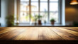 © Siasart Studio - Close-up of a wooden table top with a blurry background of a window with sunlight streaming in.