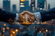 © irawan - Two Hands Shaking with Cityscape Overlay, Representing a Business Agreement