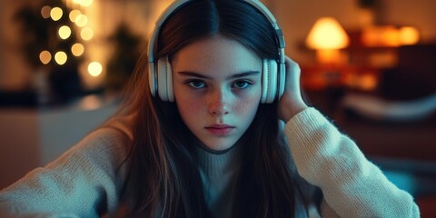 Teenage Girl in Headphones, Aesthetic and Modern Portrait