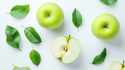 Aufkleber - Green apple and cut in half sliced with leaves isolated on white background top view flat lay : Generative AI