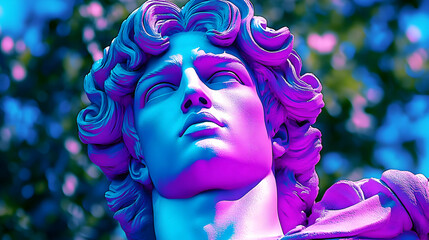 Close-up of an ancient, blue and purple statue of a man with curly hair.