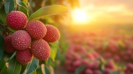 Wall Mural - lychee fruit hanging on tree with wooden table and sunset at organic farm : Generative AI