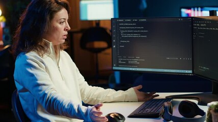 Cybersecurity expert looking confused at computer screen while trying to fix company security vulnerabilities. Contemplative developer feeling worried about potential cyberattacks, camera A