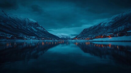  Evening in Tromso Norway Polar circle in winter Fjord polar sea Dark evening Breathtaking view Polar night Mountain mountains in the background Clear sky Moody Winter polar circle : Generative AI
