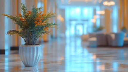 Poster - Blurred hotel or office building lobby blur background interior view toward reception hall modern luxury lounge white room space with blurry corridor and building glass wall : Generative AI