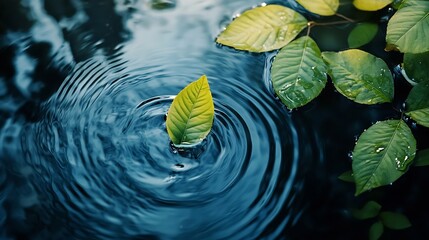 Poster - Green leaves on water surface Beautiful water ripple background for product presentation Copy space : Generative AI