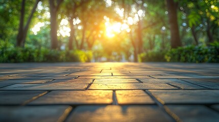 Poster - Empty square floor and green forest with buildings landscape at sunset : Generative AI