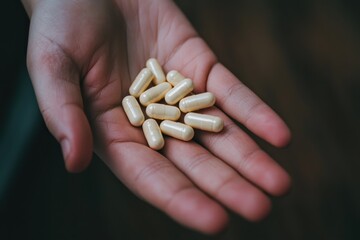 Wall Mural - A hand is holding a bunch of pills. Concept of variety and diversity, Concept of health and wellness