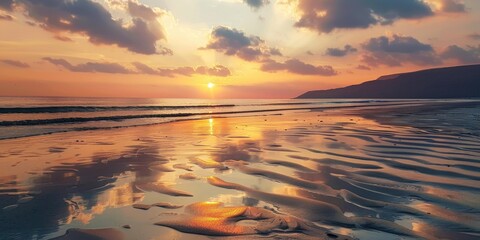 Wall Mural - Sea sunset with sandy beach and reflection on the water at twilight for a tranquil holiday getaway