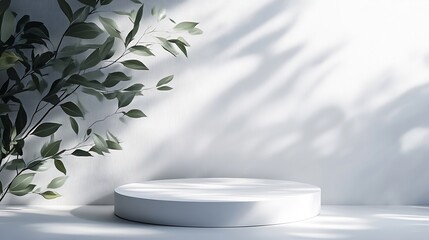 Aufkleber - Abstract empty white podium with leaf shadows on white background Mock up stand for product presentation 3D Render Minimal concept Advertising template : Generative AI