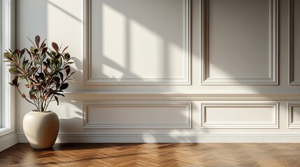 Aufkleber - White classic wall background brown parquet floor home furniture detail frame and vase of plant : Generative AI