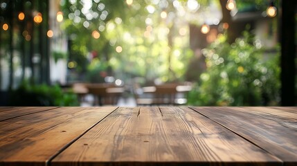 Aufkleber - Empty wood table with blur interior outdoor space coffee  restaurant or cafe for background : Generative AI