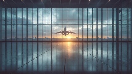 Poster - Empty airport hall with taking off airplane behind window : Generative AI
