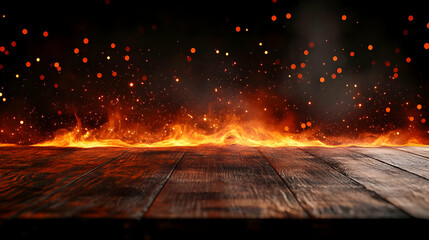 Canvas Print - Dark wooden table with fiery flames and sparks.