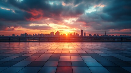 Poster - Empty square floor and bridge with city skyline at sunset : Generative AI