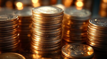 Fototapete - Stack of silver coins presentation at table going up as symbol of prosperity and rising income closeup : Generative AI