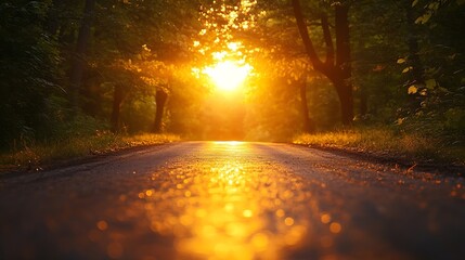 Sunset or sun Rising Above Asphalt Country Road In Sunny evening or Morning Open empty Road In Summer Or Autumn Season Concept of beautiful travel : Generative AI