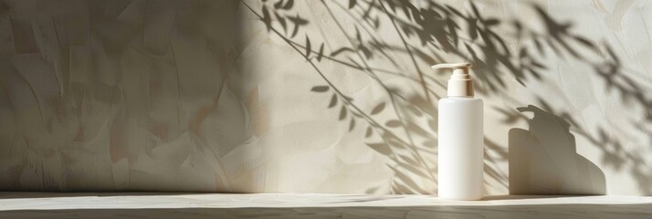 Wall Mural - White plastic cosmetic bottle resting on a table, featuring shadow space for design.