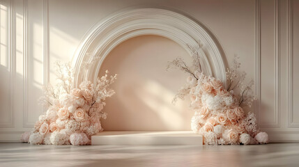 Sticker - Elegant archway with a white podium and pastel pink floral arrangements.