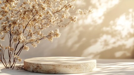 Aufkleber - Composition empty podium material tree stone dry flowers Product presentation Background beige green Beautiful background from natural materials : Generative AI