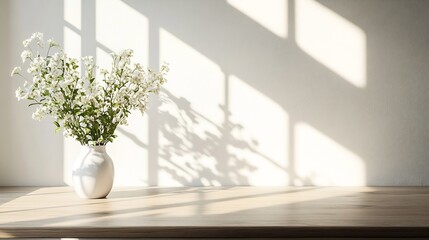 Aufkleber - Table background of free space and kitchen interiorWhite wall with shadows and sunny warm morning timeCopy space for your composition Easter table with spring flowers in a sunny April  : Generative AI