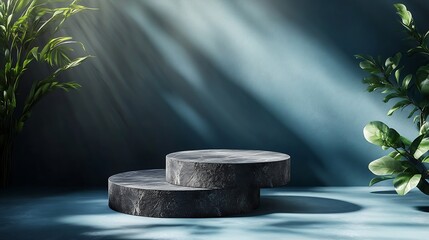 Aufkleber - Minimal style Luxury mockup for product presentation black stone podium on blue background with natural sunlight shadow banner front view stand stage for natural skin care and cosmetic : Generative AI