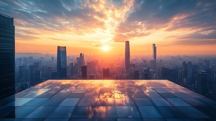 Poster - Empty square floor and city skyline with sky clouds at sunset : Generative AI