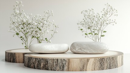 Aufkleber - Decoration Wood cut podium and stone arrangements with green flowers on white background  Abstract podium for organic cosmetic products Natural stand for presentation and exhibitions F : Generative AI