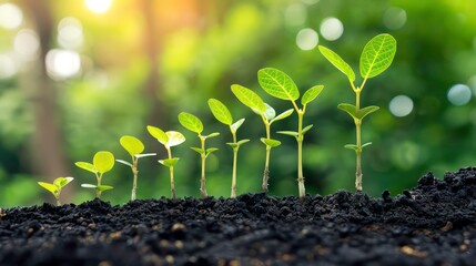 Wall Mural - Small green plants growing in soil with a blurred green background.