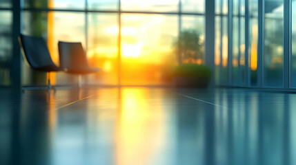 Wall Mural - Empty office floor with a sunset view through the windows.