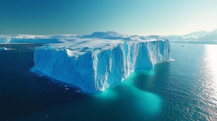 Towering melting iceberg in Arctic icy ocean Snow covered glacier drift under blue sunny sky Pure ice floats in turquoise water Ecology melting ice climate change global warming Aerial : Generative AI