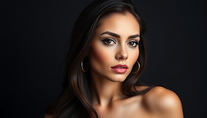 Portrait of a beautiful young woman with long brown hair and brown eyes looking directly at the camera with a confident expression.