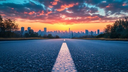 Poster - Asphalt road and city skyline with colorful sky clouds at sunset : Generative AI