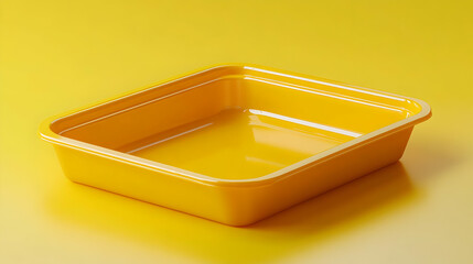 Empty square plastic container on a yellow background.