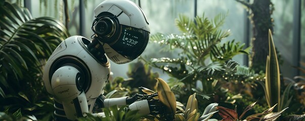 A futuristic robot interacting with lush vegetation in a thriving, green environment, showcasing technology and nature harmoniously.