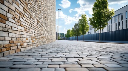 Leinwandbilder - Surrounding brick wall with concrete columns with cloudy sky street lamp and modern building on behind Urban road in front Background for copy space : Generative AI