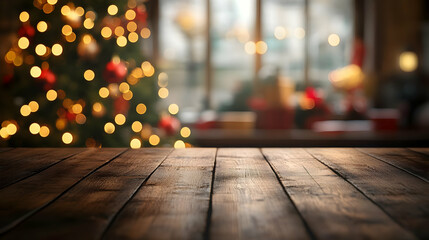 Empty wooden table against a blurred background of a Christmas tree with lights.