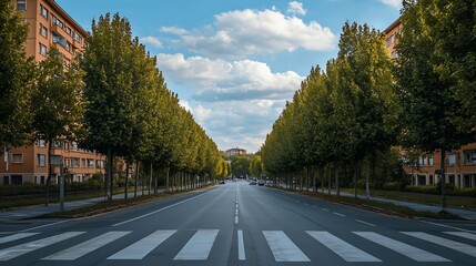 Diminishing perspective of empty street amidst trees and residential buildings in a row against cloudy sky in city during sunny day : Generative AI