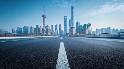 Poster - Asphalt highway road and pedestrian bridge with modern city buildings scenery in Shanghai : Generative AI
