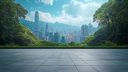 Poster - Empty square floor and green forest with city skyline scenery : Generative AI