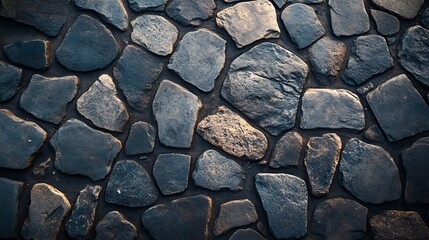 Poster - Dark gray cobblestone pavement from old rough stones as background top view close up : Generative AI