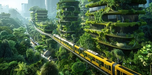 Visionary urban environment showcasing a sustainable cityscape with high-tech green buildings, vertical gardens, solar panels, wind turbines, electric buses, bike lanes, and integrated public parks