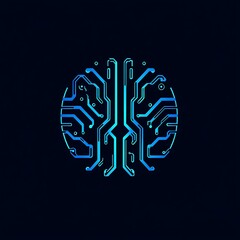 Wall Mural - Abstract Brain with Circuit Board Pattern in Blue on Black Background