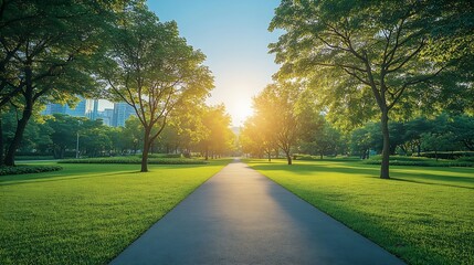 Aufkleber - Empty street green city park with blue sky Pathway and beautiful trees track for running or walking and cycling relax in park on green grass field on the side Sunlight and flare backgr : Generative AI