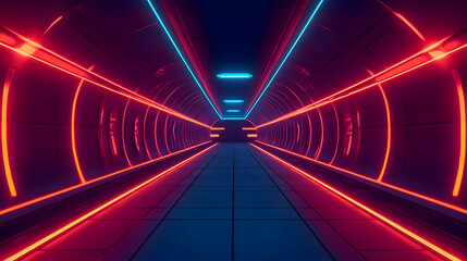 Canvas Print - Futuristic neon tunnel with red and blue lights.