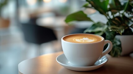 Poster - A cup of flavored coffee in a white cup at the reception in the office : Generative AI