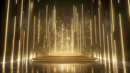 Canvas Print - Gold podium with light streaks and glowing particles.