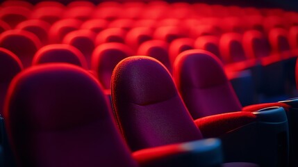 Aufkleber - Red empty chairs seats at cinema theater Low key photo : Generative AI
