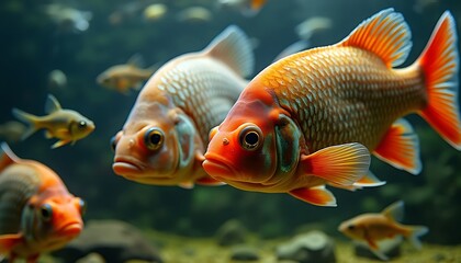 Two red and white fish with black eyes swimming in an aquarium with other fish in the background.